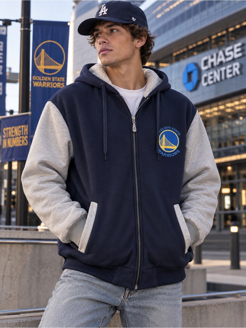Xiulou Golden State Warriors Fleece Lined Blue Colorblock Zip Hoodie Jacket